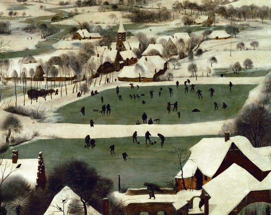 Pieter Brueghel der Ältere, Heimkehr der Jäger (Winter, Eis, Teiche, Schlittschuhläufer, Sport, Spaß, Dorf, Jahreszeit, Bildausschnitt, Renaissance, Klassiker, Malerei, Wunschgröße, Wohnzimmer, bunt)