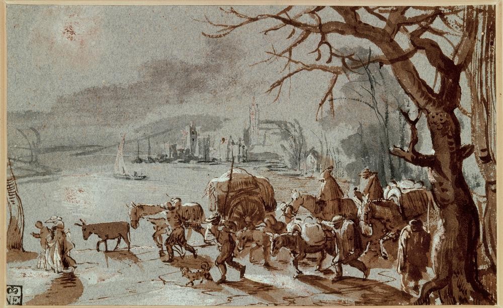 Pieter Brueghel der Ältere, Winterlandschaft mit Reisenden (Winter, Landschaft, Jahreszeiten, Reisegruppe, Fuhrwerk, Pferde, Menschen,  Renaissance, Klassiker, Malerei, Wunschgröße, Wohnzimmer, bunt)