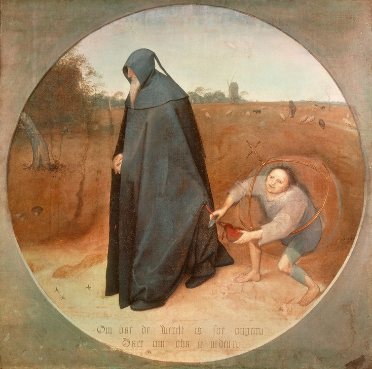 Pieter Brueghel der Ältere, Die Treulosigkeit der Welt (Mann, Kutte, Mantel, Kind, Dieb, stehlen, Diebstahl, Dorfkind, Gesellschaft, Laster, Moral, Tondo,  Renaissance, Klassiker, Malerei, Wunschgröße, Wohnzimmer, bunt)
