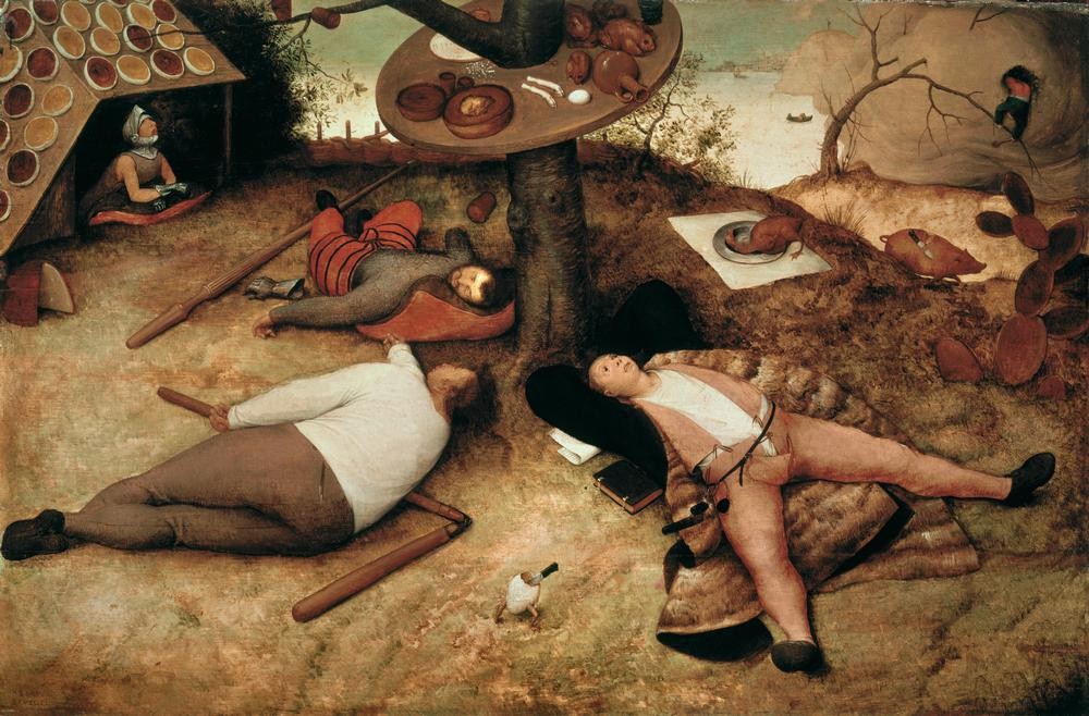 Pieter Brueghel der Ältere, Das Schlaraffenland (Märchen, Fressen, Überfluss, Nahrung, Alkohol, Laster, Völlerei,  Utopie, laufendes Ei, Allegorie, Renaissance, Klassiker, Malerei, Wunschgröße, Wohnzimmer, Ausschnitt, bunt)