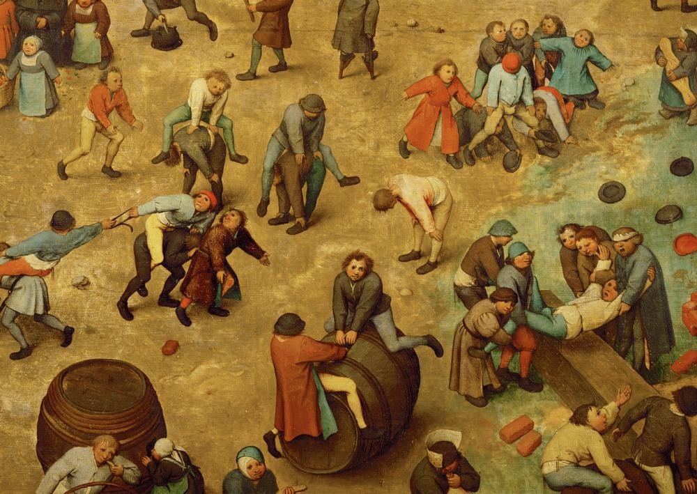 Pieter Brueghel der Ältere, Kinderspiele (Kinder, Spiele, Tradition, Brauchtum, Renaissance, Klassiker, Malerei, Ausschnitt, Wunschgröße, Wohnzimmer, bunt)