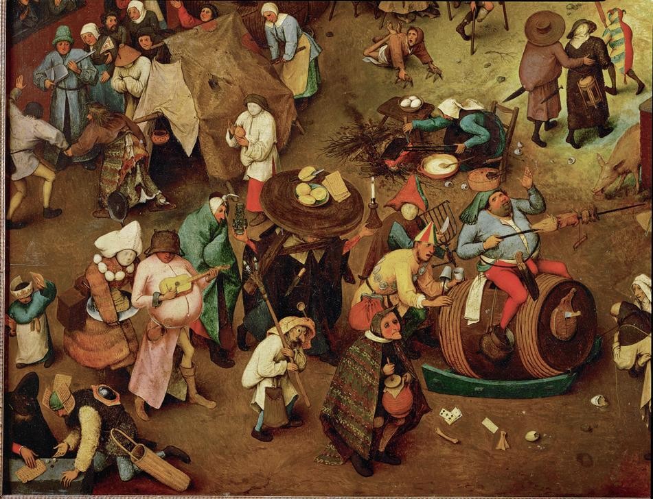 Pieter Brueghel der Ältere, Der Kampf zwischen Karneval und Fasten (Volksfest, Karneval, Brauchtum, Christentum, Fasten, Marktplatz, Narren, Religion, Straßenszene, Renaissance, Klassiker, Malerei,  Wohnzimmer, Wunschgröße, bunt)