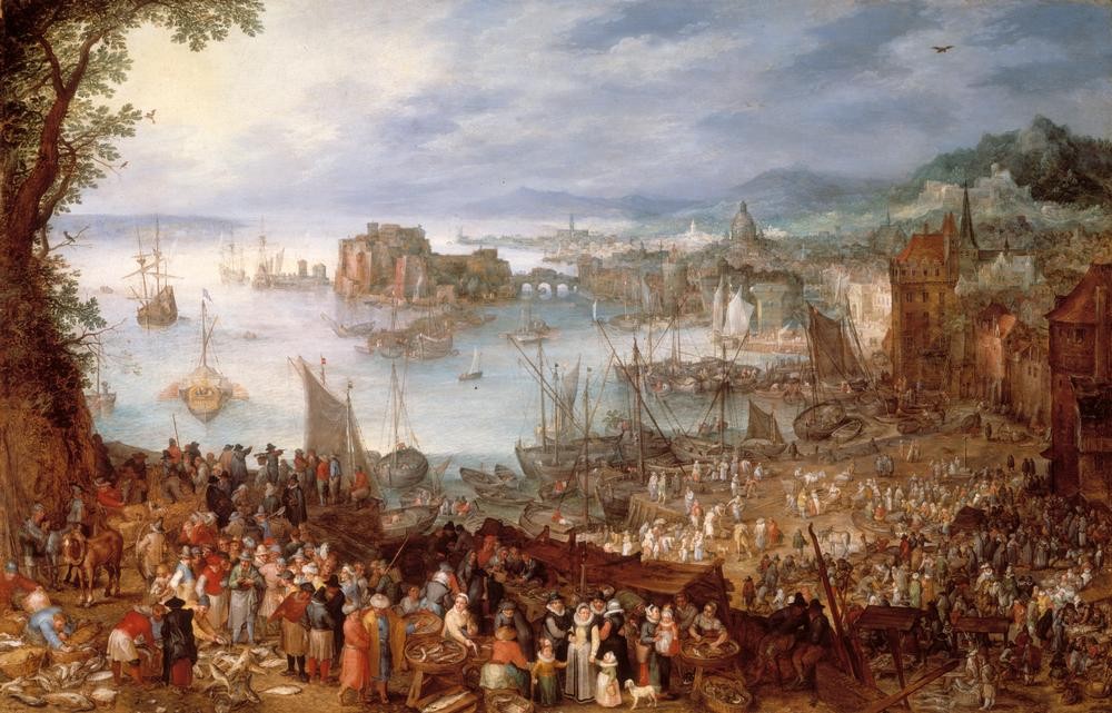 Jan Brueghel der Ältere, Großer Fischmarkt (Fischerei,Fischmarkt,Flämische Kunst,Geschichte,Hafen,Handel,Küste,Landschaft,Markt,Stadt,Stände,Volkskunde,Segelboot,Fluss,Fisch,Bürgertum,Architekturdarstellung,Niederländische Kunst,Menschenmenge,Landungsstelle,Fischhändlerin,Land Und Leute,Alltag,Schi)