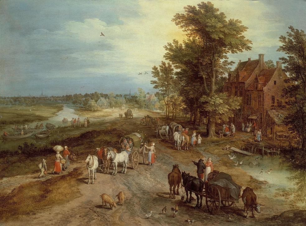 Jan Brueghel der Ältere, Landschaft mit Dorfschenke (Dorfstrasse,Flämische Kunst,Gasthaus,Gastronomie,Kutsche,Landschaft,Pferdewagen,Schwein,Strasse (Allgemein),Strassenszene,Szene,Verkehr,Volkskunde,Fluss,Geflügel,Fussweg,Niederländische Kunst,Personentransport,Binnenschiffahrt,Karren,Schenke,Ufer,Landlebe)