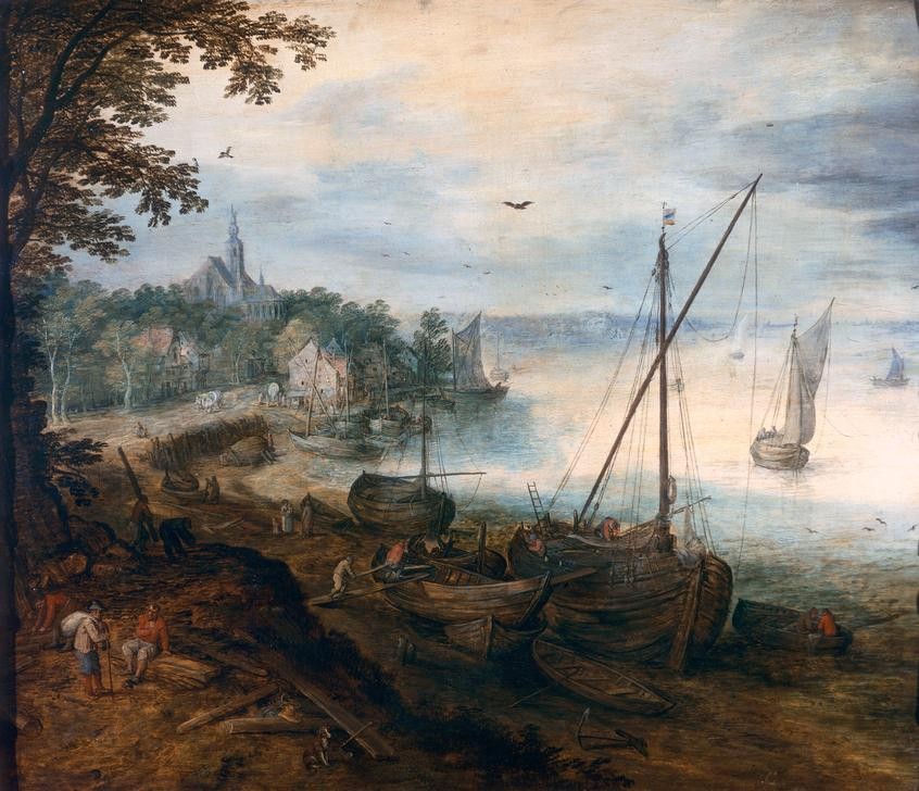 Jan Brueghel der Ältere, Flußlandschaft mit Holzhackern (Arbeiter,Flämische Kunst,Landschaft,Schiffsbau,Volkskunde,Fluss,Niederländische Kunst,Reparatur,Land Und Leute)