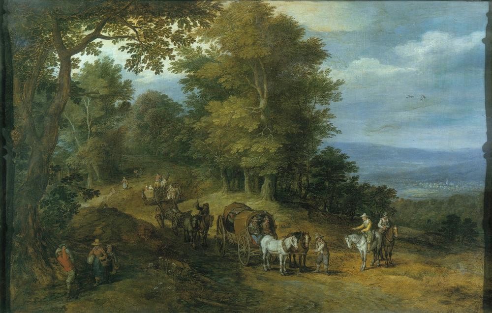 Jan Brueghel der Ältere, Belebter Fahrweg auf waldiger Höhe (Flämische Kunst,Kutsche,Landstrasse,Landschaft,Pferdefuhrwerk,Strasse (Allgemein),Verkehr,Volkskunde,Reiter,Niederländische Kunst,Personentransport,Strasse (Unbefestigt),Land Und Leute)