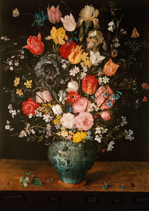 Jan Brueghel der Ältere, Blumen in blauer Vase (Stillleben, Blumenstrauß, Vase, üppig, prächtig, Vanitas, Vergänglichkeit, Tulpen, Lilien, Schmetterlinge, Barock, Wunschgröße, Klassiker, Blumenbrueghel, Samtbrueghel, Wohnzimmer, Esszimmer, Wunschgröße)