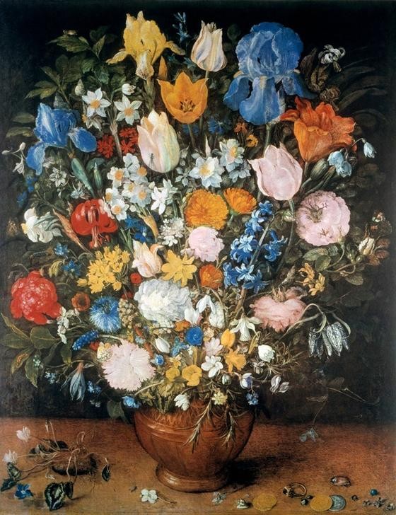 Jan Brueghel der Ältere, Blumenstrauß in Tonvase (Stillleben, Blumenstrauß, Vase, üppig, prächtig, Vanitas, Vergänglichkeit, Tulpen, Lilien, Nelken, Rosen, Schmetterlinge, Münzen, Ring, Barock, Wunschgröße, Klassiker, Blumenbrueghel, Samtbrueghel, Wohnzimmer, Esszimmer, Wunschgröße)