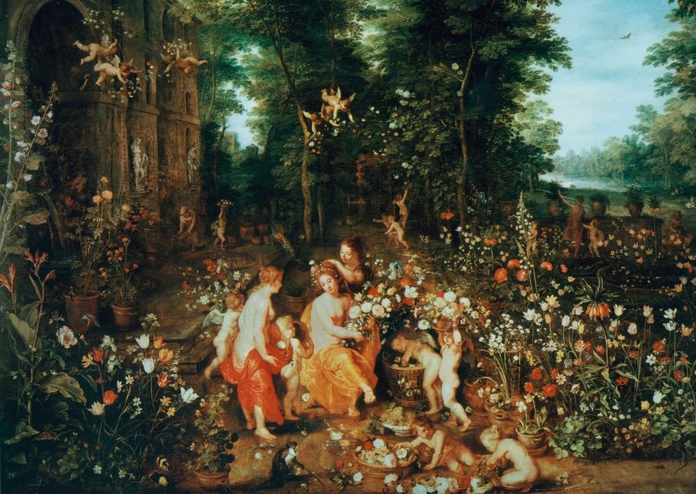 Jan Brueghel der Ältere, Flora im Blumengarten (Mythologie,Rose,Tulpe,Barockgarten,Barock,Frühling,Niederländische Kunst,Ziergarten,Blume,Griechisch-Römische Mythologie,Garten)