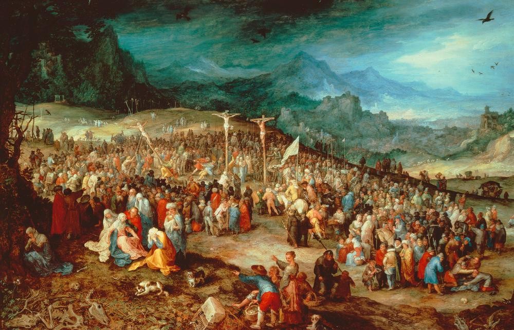 Jan Brueghel der Ältere, Der Kalvarienberg (Christentum,Landschaft,Religion,Renaissance,Neues Testament,Bibel,Kreuzigung,Weltlandschaft,Niederländische Kunst,Passion Christi)