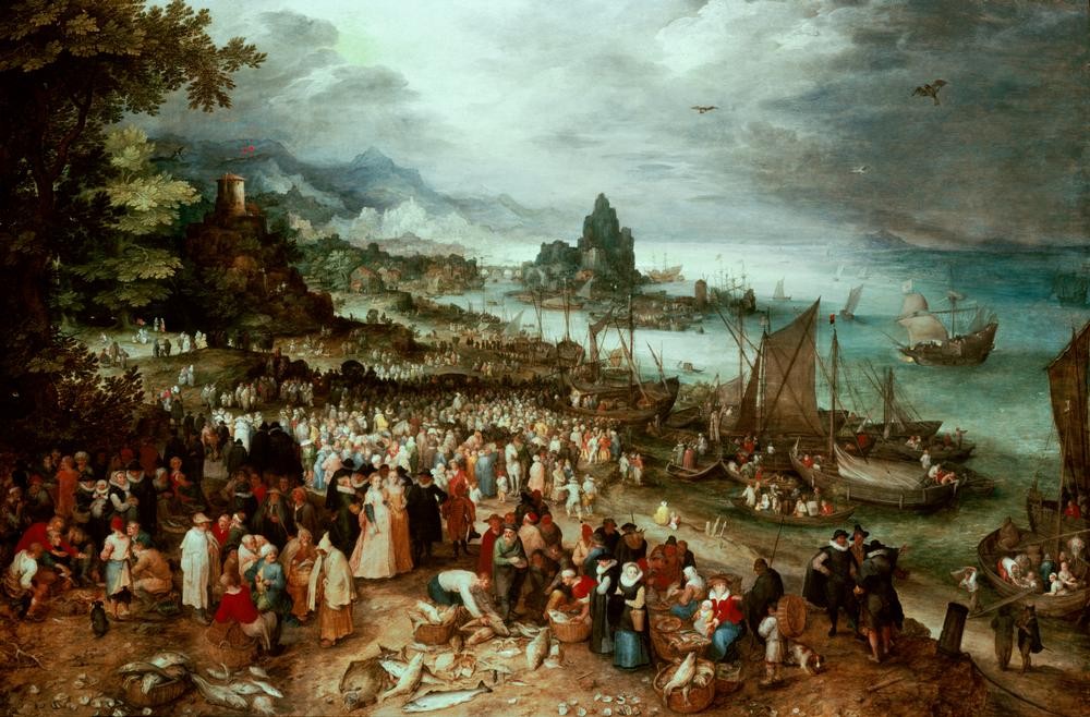 Jan Brueghel der Ältere, Seehafen mit der Predigt Christi (Christentum,Fischerei,Fischmarkt,Hafen,Handel,Kunst,Landschaft,Markt,Religion,Renaissance,Neues Testament,Bibel,Predigt,Weltlandschaft,Niederländische Kunst,Leben Jesu)