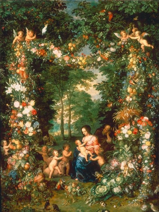 Jan Brueghel der Ältere, Die Heilige Familie (Affe,Botanik,Christentum,Engel,Früchte,Gemüse,Landschaft,Lilie,Obst,Papagei,Religion,Rose,Tulpe,Vogel,Zoologie,Wald,Blumenkranz,Barock,Gurke,Heilige Familie,Allegorie,Neues Testament,Bibel,Putto,Paradies,Kürbis,Nelke,Tierliebe,Schaf,Kohl,Niederländische K)