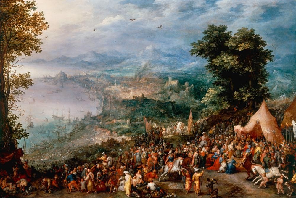 Jan Brueghel der Ältere, Ansicht einer Hafenstadt (Feldlager,Flämische Kunst,Geschichte,Hafen,Landschaft,Stadt,Szene,Renaissance,Weltlandschaft,Niederländische Kunst,Römisches Reich,Person)