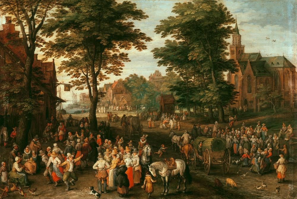 Jan Brueghel der Ältere, Die Dorfkirmes (Dorfkirche,Dorfstrasse,Feste,Flämische Kunst,Pferdewagen,Strasse (Allgemein),Strassenszene,Szene,Tanz,Volksfest,Volkskunde,Niederländische Kunst,Menschenmenge,Strasse (Unbefestigt),Dorfleben,Land Und Leute,Kirmes)