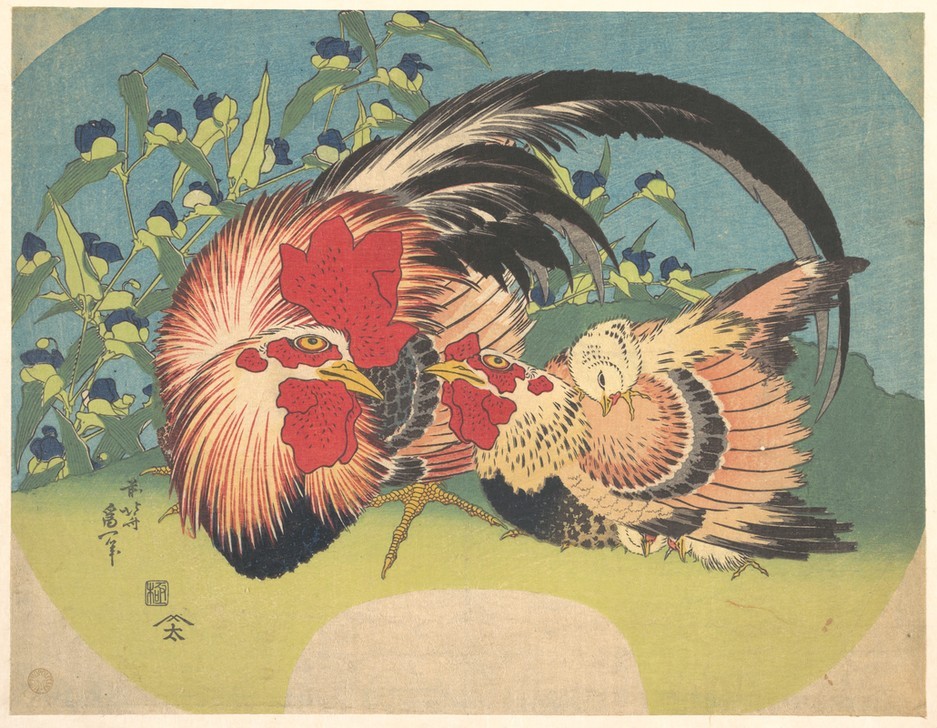 Katsushika Hokusai, Rooster, Hen and Chicken with Spiderwort (Farbe)