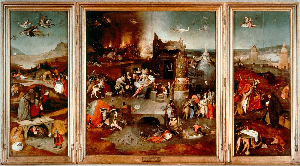 Hieronymus Bosch, Die Versuchung des heiligen Antonius (Heilige,Altar,Fabelwesen,Triptychon,Dämon,Eremit,Versuchung,Phantastische Kunst,Niederländische Kunst)