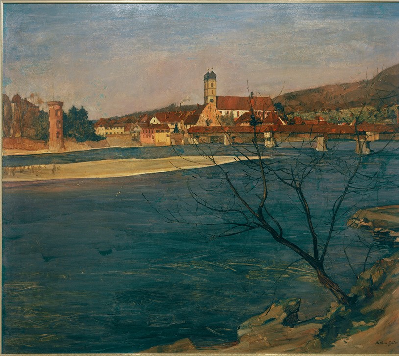 Arthur Grimm (Maler), Rhein bei Säckingen (Brücke,Deutsche Kunst,Geographie,Kirche,Kunst,Landschaft,Stadt,Turm,Fluss,Realismus,Stadtansicht,Ansicht,Topographie,Signatur)