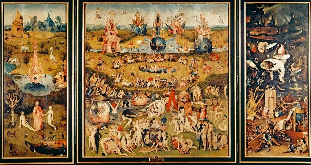 Hieronymus Bosch, Der Garten der Lüste (Christentum,Erdbeere,Erotik,Eule,Kunst,Laster,Liebespaar,See,Renaissance,Begierde,Altes Testament,Allegorie,Triptychon,Bibel,Liebesgarten,Hölle,Sünde,Niederländische Kunst,Mystik,Nacktheit,Sexualität,Paar,Perversion,Todsünde,Jenseitsvorstellungen,Weltbild)