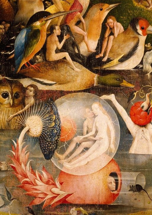 Hieronymus Bosch, Der Garten der Lüste (Liebespaar,See,Allegorie,Triptychon,Mystik,Paar,Luftblase,Isolation,Schutzhülle,Schützende Hülle,Geschlossenes System,Blume,Ausschnitt,Garten)