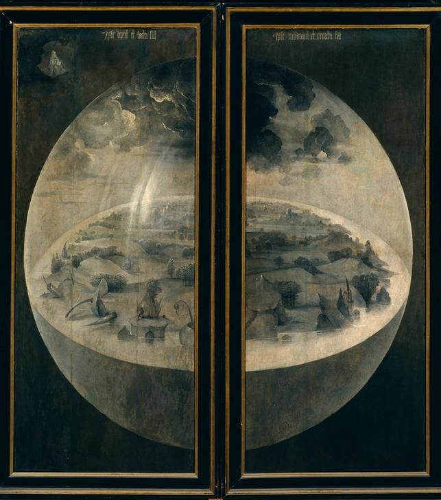 Hieronymus Bosch, Die Erschaffung der Welt (Globus,Schöpfungsmythen,Wolke,Erde,Triptychon,Schöpfungsgeschichte,Gottvater,Genesis,Weltbild,Seitenflügel (Altar),Schutzhülle,Mittelalterliches Weltbild,Lufthuelle,Schöpfung,Atmosphäre,Erdscheibe,Flügelaltar,Inschrift,Weltkugel)