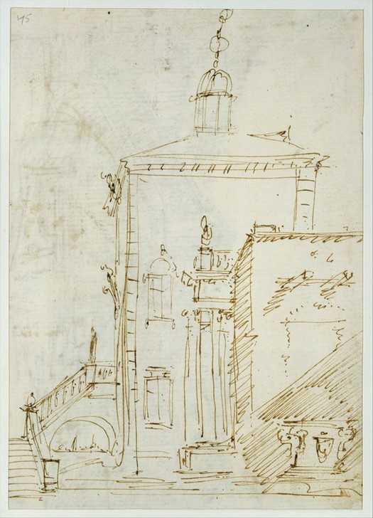 Giovanni Antonio Canaletto, A Magnificent Pavilion by the Lagoon (recto) (Palast, Venedig, Gebäude, Architektur, Studie,  Barock, Zeichnung, Grafik, Klassiker, Wunschgröße, Wohnzimmer, schwarz/weiß)