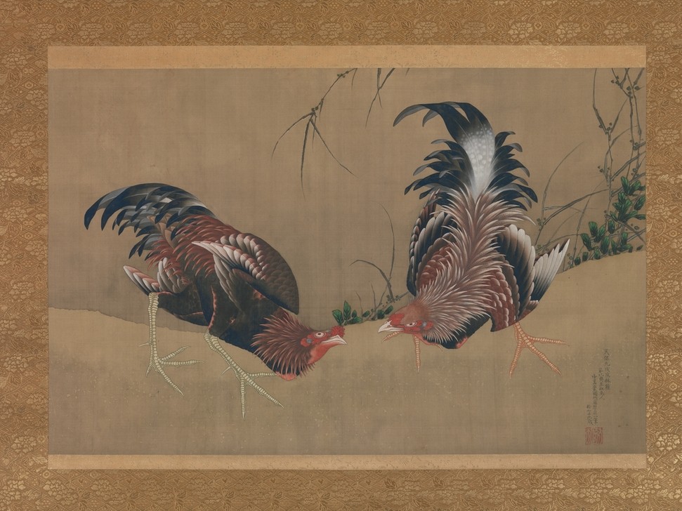 Katsushika Hokusai, Gamecocks, Hanging scroll, 1838