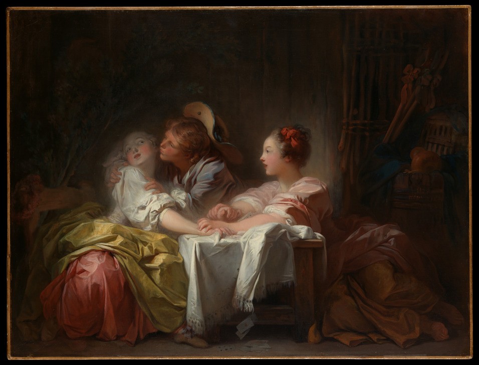 Jean-Honoré Fragonard, Der gestohlene Kuss (Erotik, Flirt, Spiel, Kartenspiel, Kuss, Nötigung, Abwehr, Freundinnen, Treppenhaus, Wohnzimmer, Rokoko, Klassiker, Wunschgröße, Malerei, bunt)