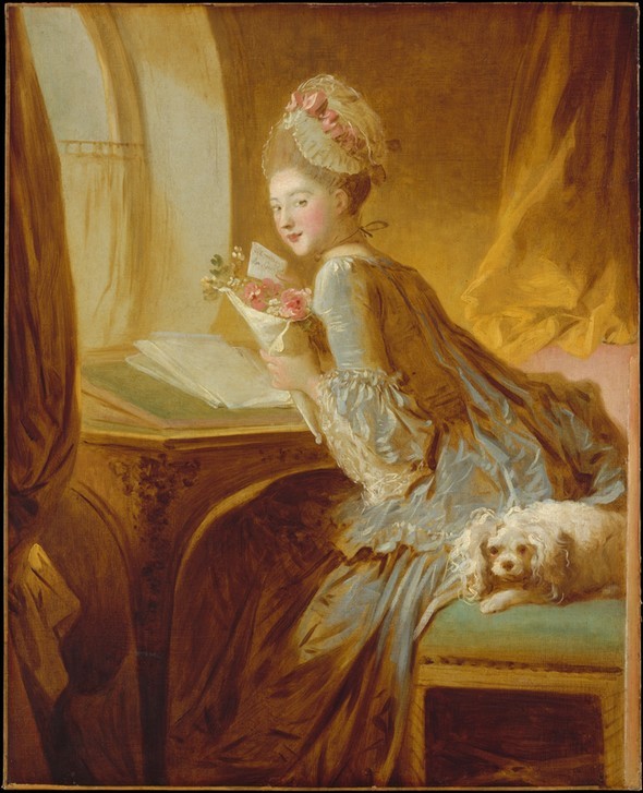 Jean-Honoré Fragonard, Der Liebesbrief (Frau, Hund, Adel, Liebesbrief, Kleid, Blumen, verliebt, Fenster, Innenraum,  Interieur, Wohnzimmer, Rokoko, Malerei, Wunschgröße  Klassiker, bunt)