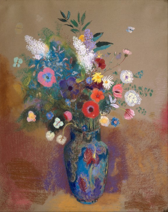 Odilon Redon, Bouquet of Flowers (Postimpressionismus, Stillleben, Blumenvase, Blüten, Blumen, floral, klassische Moderne, Malerei, Wohnzimmer, Esszimmer, Treppenhaus, Wunschgröße, bunt)