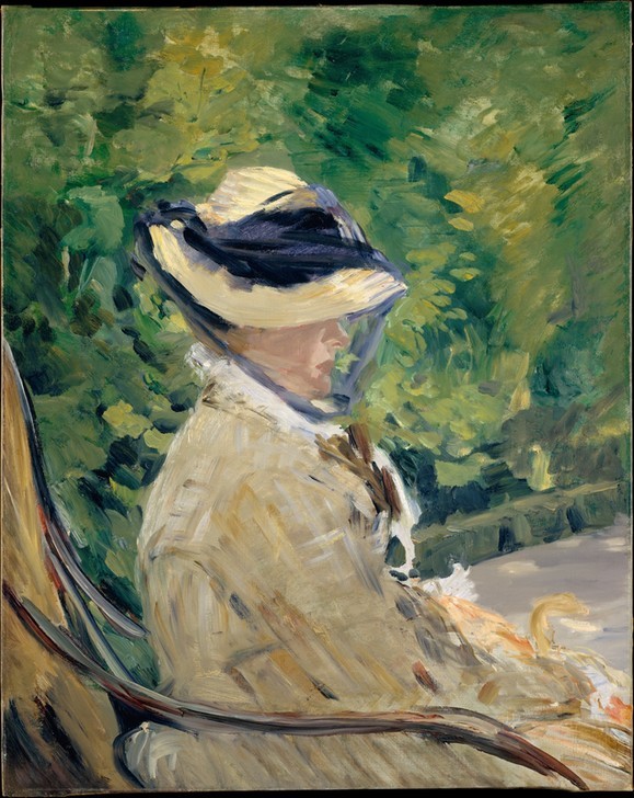 Edouard Manet, Madame Manet (Suzanne Leenhoff, 1830–1906) bei Bellevue (Hut,Portrait,Stuhl,Garten)