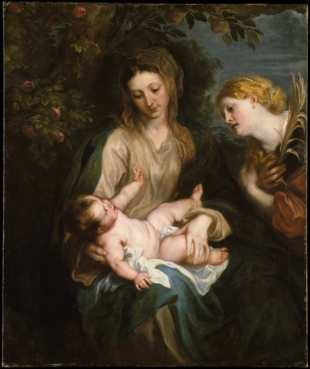 Anthonis van Dyck, Jungfrau und Kind mit Heiliger Katharina von Alexandrien (Maria, Mutter Gottes, Madonna, Christus, Jesuskind, Knabe, Heilige, Attribut, Palmwedel, Wunschgröße, Klassiker, Malerei, Barock, Wohnzimmer, Schlafzimmer)