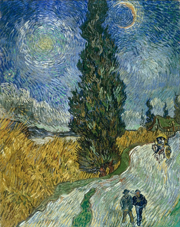Vincent van Gogh, Zypressenweg unter dem Sternenhimmel (Botanik,Himmel (Natur),Jahreszeiten,Landstrasse,Landschaft,Mai,Monat,Strasse (Allgemein),Stern,Impressionismus,Frühling,Baum,Niederländische Kunst,Zypresse)