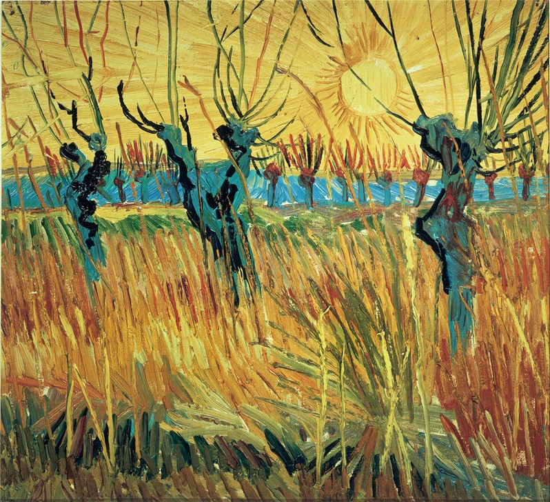 Vincent van Gogh, Weiden bei Sonnenuntergang (Botanik,Herbst,Jahreszeiten,Sonnenuntergang,Weide,Sonne,Tageszeiten,Abend,Impressionismus,Baum,Niederländische Kunst)