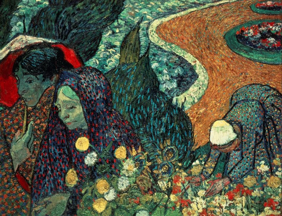 Vincent van Gogh, Erinnerung an den Garten in Etten (Botanik,Frau,Landschaft,Mode,Impressionismus,Vision,Portrait,Niederländische Kunst,Erinnerung,Synästhesie,Menschen Im Garten,Blume,Gepunktet,Kopftuch,Garten)