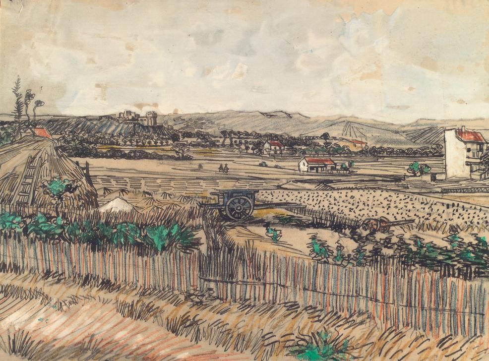 Vincent van Gogh, Der blaue Karren (Ernte,Landschaft,Impressionismus,Ebene,Schubkarre,Niederländische Kunst,Landwirtschaft)