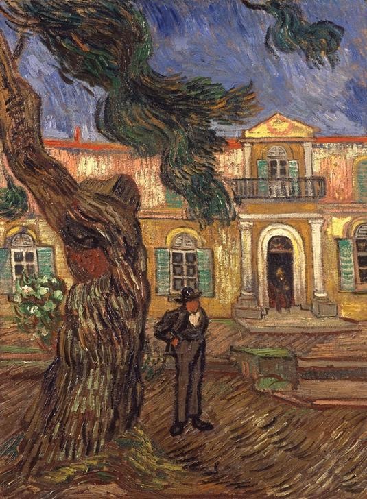 Vincent van Gogh, Pinie und Figur vor dem Hospital Saint-Paul (Asyl,Botanik,Krankenhaus,Krankheit,Medizin,Impressionismus,Baum,Wahnsinn,Architekturdarstellung,Niederländische Kunst,Geisteskrankheit,Pinie,Aussenansicht,Hospital)