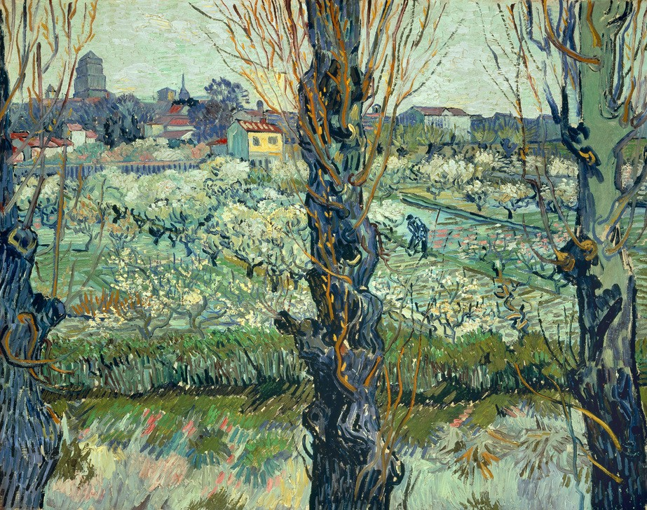 Vincent van Gogh, Blick auf Arles (April,Baumblüte,Botanik,Jahreszeiten,Landschaft,Monat,Obstbau,Stadt,Obstgarten,Impressionismus,Frühling,Niederländische Kunst,Panorama,Pappel,Garten)