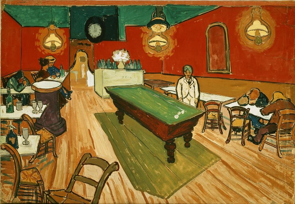 Vincent van Gogh, Das Nachtcafé in Arles (Billard,Gastronomie,Kunst,Licht Und Beleuchtung,Nachtleben,Impressionismus,Nachtlokal,Interieur,Niederländische Kunst,Holländische Kunst,Cafe,Beleuchtung,Billardtisch)