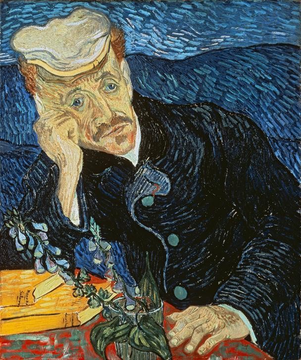 Vincent van Gogh, Bildnis Doktor Gachet (Amateur,Arzt,Botanik,Fingerhut (Botanik),Mann,Medizin,Impressionismus,Portrait,Heilpflanze,Niederländische Kunst,Physiognomik,Traurigkeit,Zweig,Rekordpreis,Kopf Stützen,Gesichtsform)