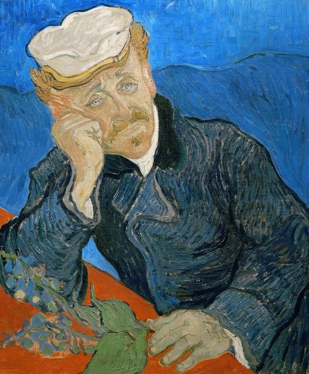 Vincent van Gogh, Bildnis Doktor Gachet mit Fingerhutzweig (Amateur,Arzt,Botanik,Fingerhut (Botanik),Mann,Medizin,Möbel,Impressionismus,Hut,Tisch,Portrait,Heilpflanze,Niederländische Kunst,Physiognomik,Kleidung (Allgemein),Zweig,Kopf Stützen,Gesichtsform,Mütze)