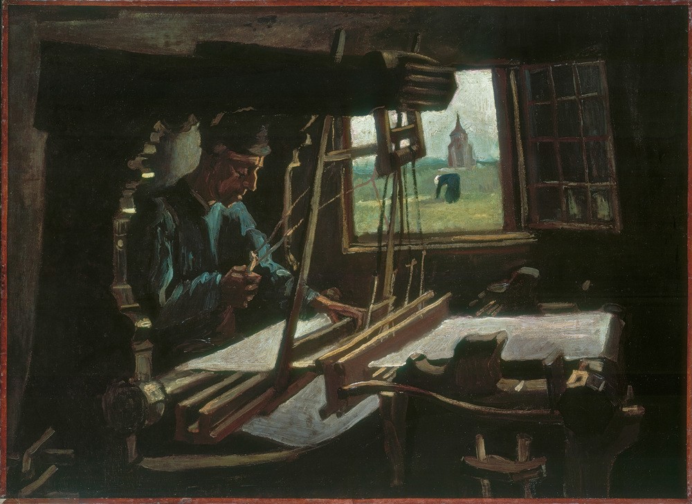 Vincent van Gogh, Weber vor offenem Fenster mit Blick auf den Turm von Nuenen (Volkskunde,Weber (Handwerk),Impressionismus,Webstuhl,Niederländische Kunst,Fenster (Geöffnet),Land Und Leute,Handwerk)