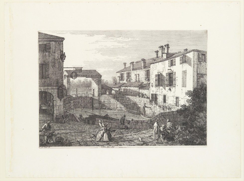 Giovanni Antonio Canaletto, Le Porte del Dolo (The Locks at Dolo) (Architektur, Gebäude, dolo, Veneto, Hafen, Barock, Vedute, Zeichnung, Grafik, Klassiker, Wunschgröße, Wohnzimmer, schwarz/weiß)