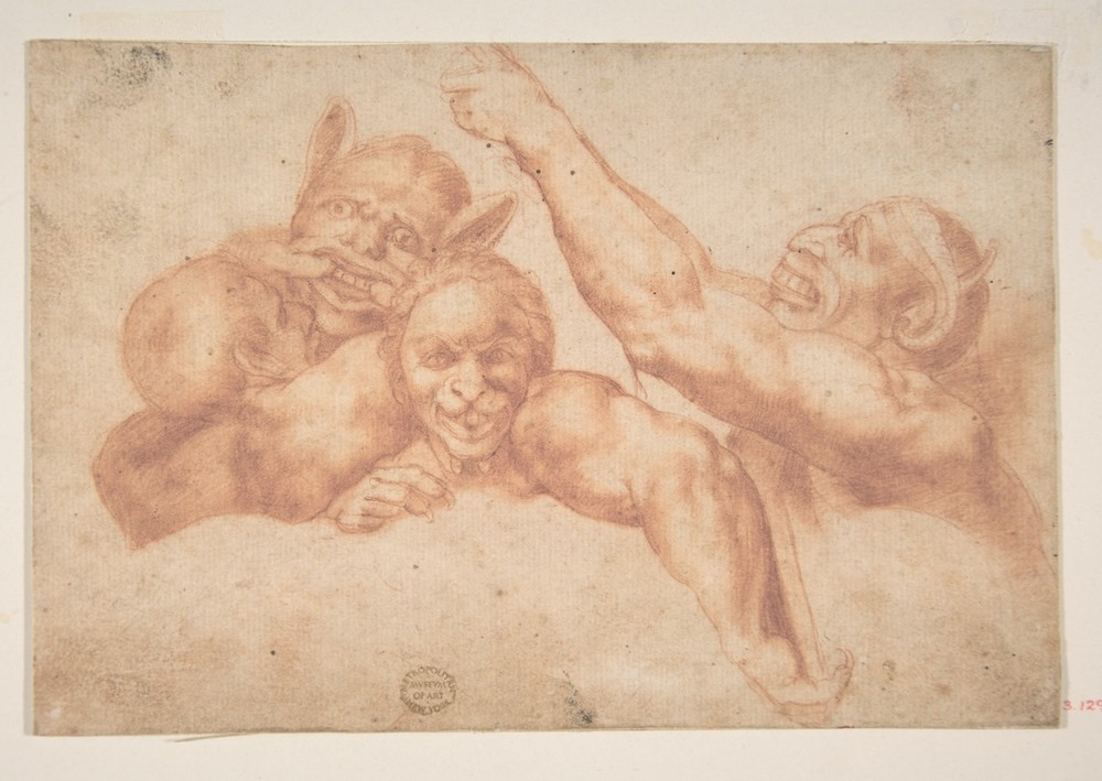 MICHELANGELO BUONARROTI, Study of Figures from Michelangelo's Last Judgment, Sistine Chapel (Monster, Ungeheuer, Jüngstes Gericht, Skizze, Zeichnung, Klassiker, Renaissance, Wunschgröße, Rötel)