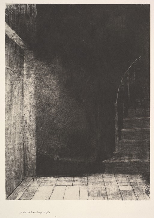 Odilon Redon, I saw a flash of light, large and pale (Treppe, Flur, düster, Erscheinung, Licht, Lichtblitz, mystisch, Symbolismus, Treppenhaus, Wohnzimmer, Studie, Zeichnung, Wunschgröße, schwarz/weiß)