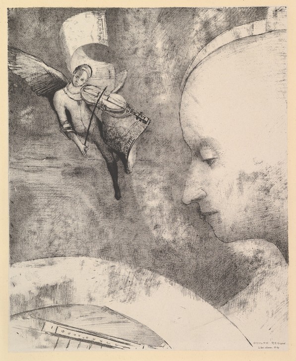 Odilon Redon, The Celestial Art (Himmlich, sphärisch, Musik, Engel, Geige, Kopf, Profil, mystisch, Symbolismus, Treppenhaus, Wohnzimmer, Studie, Zeichnung, Wunschgröße, schwarz/weiß)