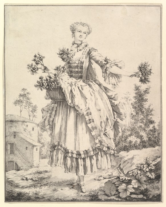 Francois Boucher, Flower Girl (Blumenmädchen, Flora, Idylle, Allegorie, Rokoko, Klassiker, Wunschgröße, Wohnzimmer, Esszimmer, Grafik, schwarz/weiß)