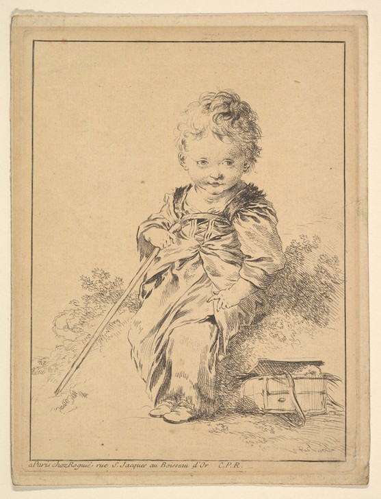 Francois Boucher, Child Holding Staff (Kind, Kleinkind, Ranzen, Stock,  Rokoko, Klassiker, Wunschgröße, Wohnzimmer, Treppenhaus, Grafik, schwarz/weiß)