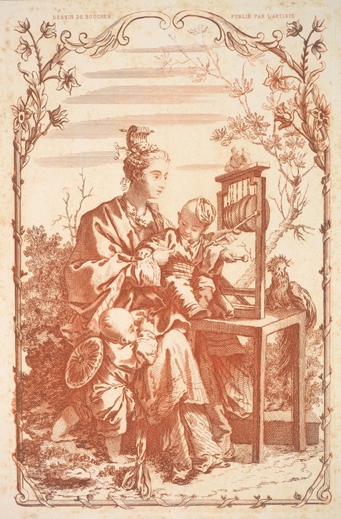 Francois Boucher, A Woman and Children Playing with a Chinese Gong (Garten, Frau, Kinder, Spiele, Gong, Chinesen, exotisch,  Rokoko, Klassiker, Wunschgröße, Wohnzimmer, Grafik, rötelfarben)