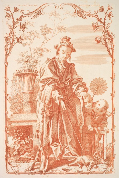 Francois Boucher, Woman Playing with a Cat (Garten, Frau, Kinder, Spiele,  Katze, katzenspielzeug, Rokoko, Klassiker, Wunschgröße, Wohnzimmer, Grafik, rötelfarben)