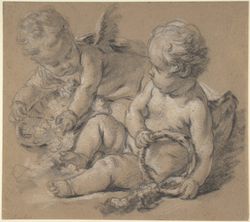 Francois Boucher, Winged Putti with Flowers (Putten, Engel, üppig, Blumenkränze, Rokoko, Klassiker, Wunschgröße, Wohnzimmer, Schlafzimmer Grafik, schwarz/weiß)